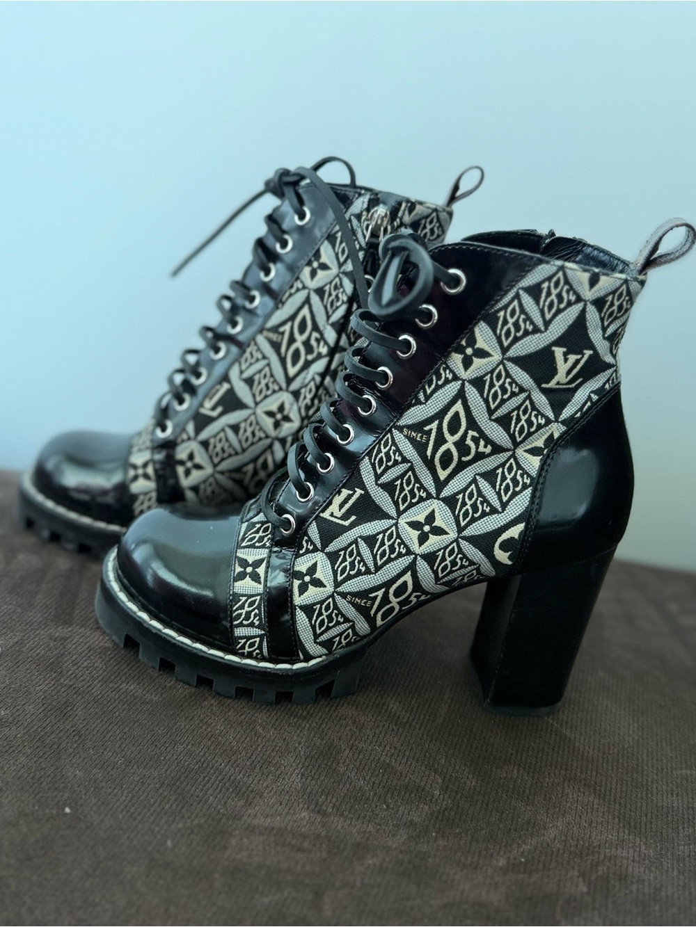 Louis Vuitton Black and Cream Monogram Lace-Up Platform Ankle Boots